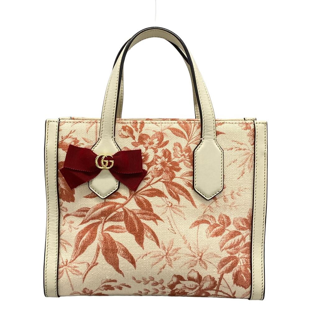 Gucci GG Ribbon Tote Bag 443089 Cream Pink Canvas Leather